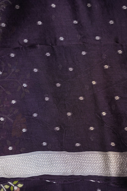 Tussar Banarasi Raw Silk Saree with Floral Paithani Weaves – Deep Purple
