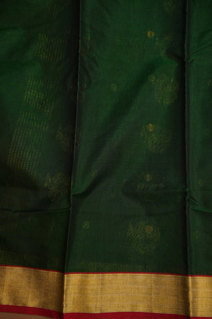 Pure Chanderi Silk Saree with Zari Buttas & Tissue Border - Dark Green