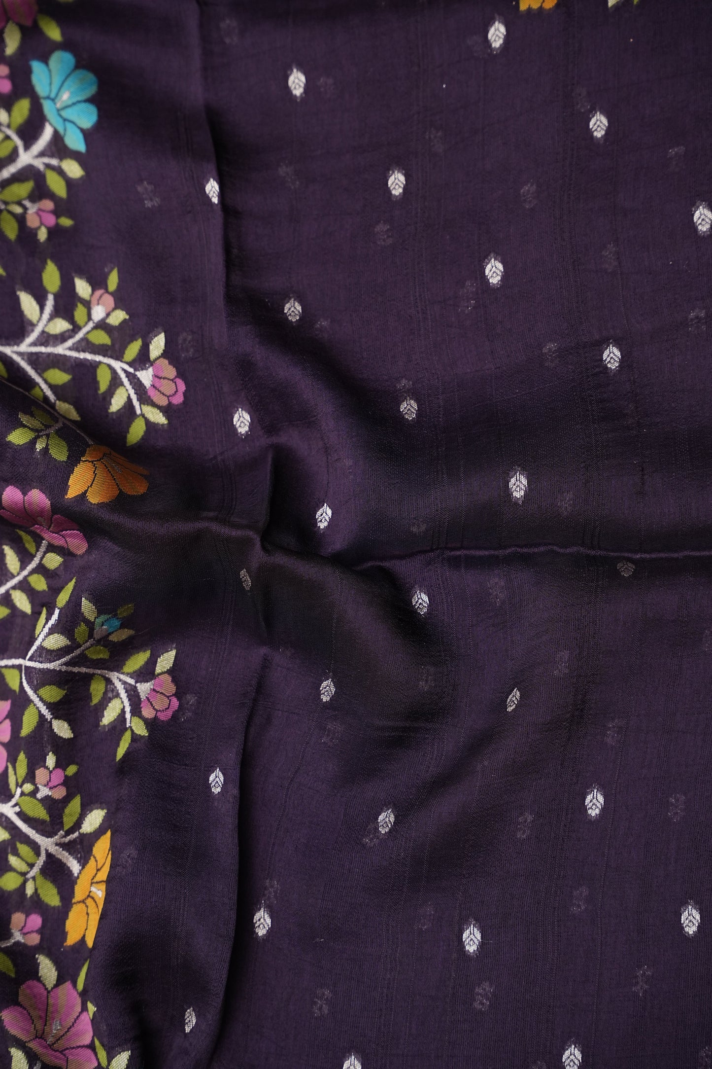 Tussar Banarasi Raw Silk Saree with Floral Paithani Weaves – Deep Purple