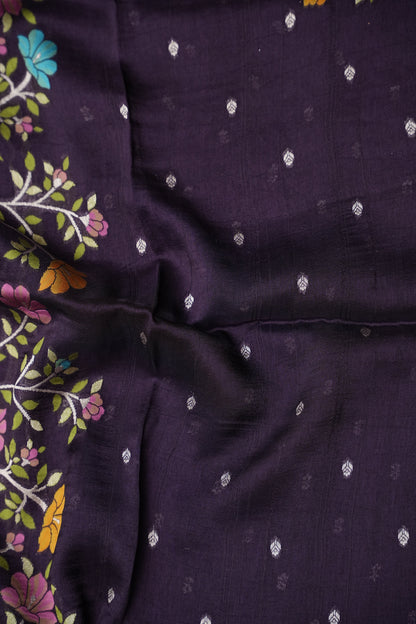 Tussar Banarasi Raw Silk Saree with Floral Paithani Weaves – Deep Purple