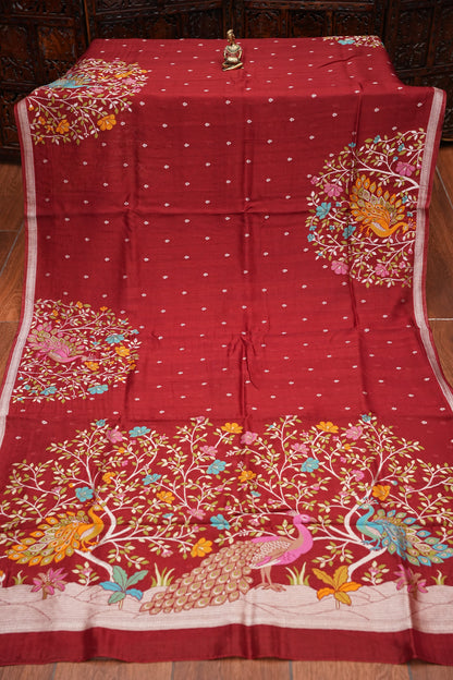 Tussar Banarasi Raw Silk Saree with Floral Paithani Weaves – Maroon
