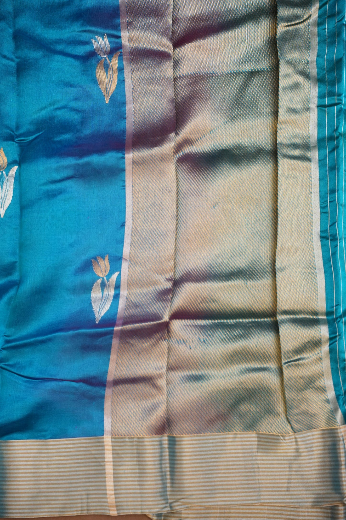 Pure Chanderi Silk Saree with Zari Buttas & Tissue Border - Dual Tone Blue