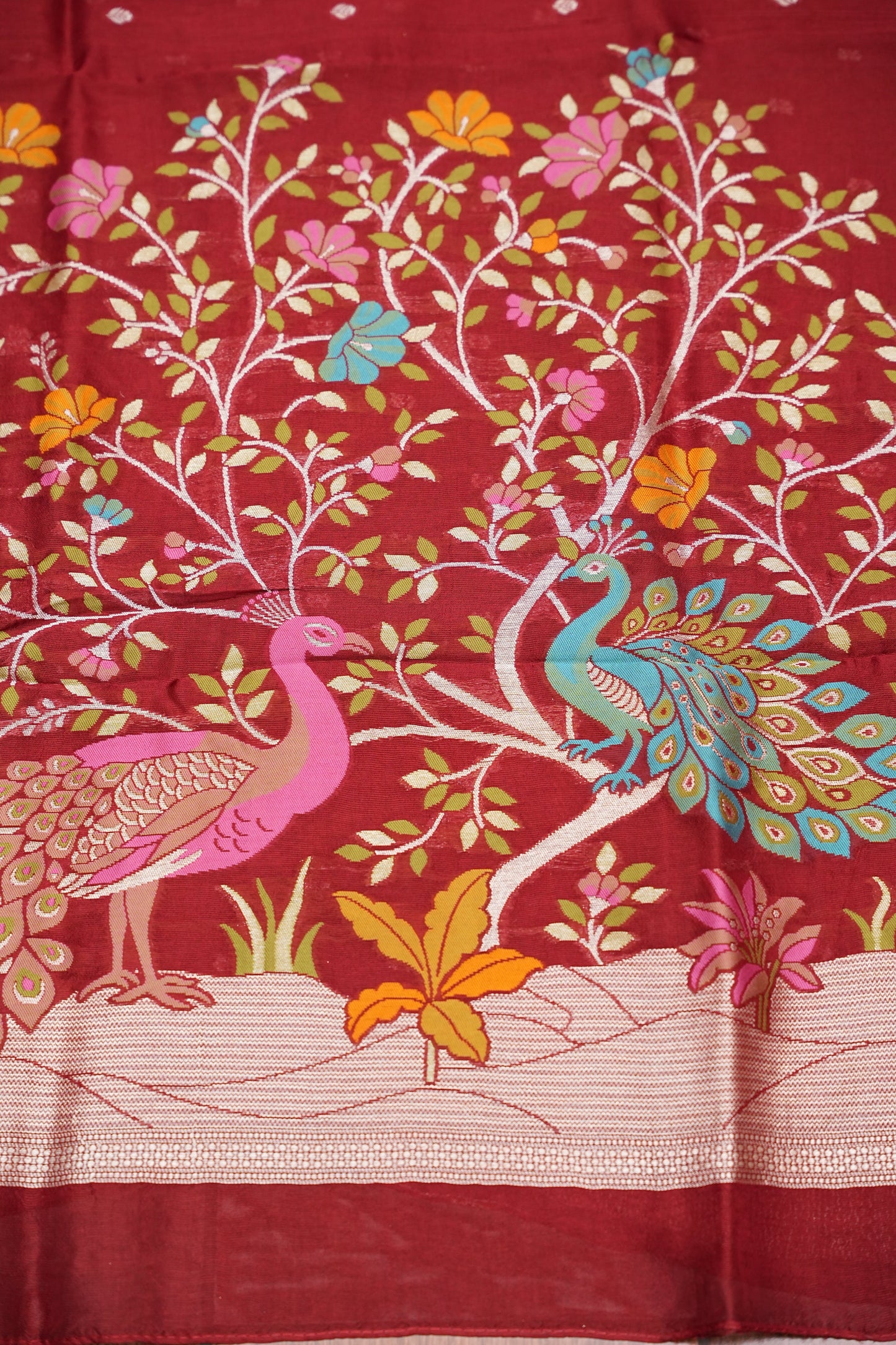 Tussar Banarasi Raw Silk Saree with Floral Paithani Weaves – Maroon