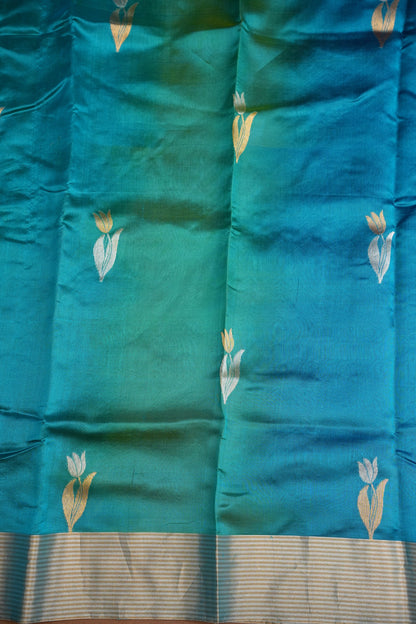 Pure Chanderi Silk Saree with Zari Buttas & Tissue Border - Dual Tone Blue