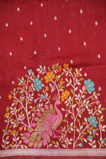 Tussar Banarasi Raw Silk Saree with Floral Paithani Weaves – Maroon