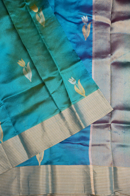 Pure Chanderi Silk Saree with Zari Buttas & Tissue Border - Dual Tone Blue