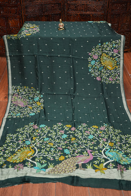 Tussar Banarasi Raw Silk Saree with Floral Zari Butta Weaving – Bottle Green