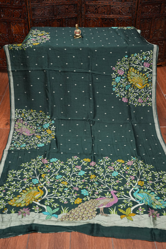 Tussar Banarasi Raw Silk Saree with Floral Zari Butta Weaving – Bottle Green