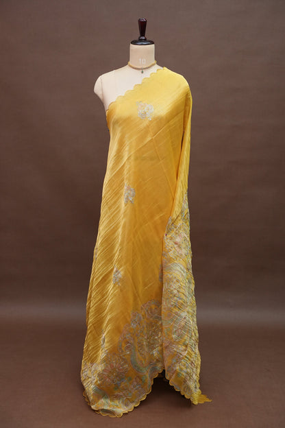 Golden Yellow Glass Tissue Organza Designer Party Wear Saree
