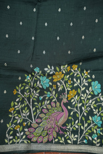 Tussar Banarasi Raw Silk Saree with Floral Zari Butta Weaving – Bottle Green