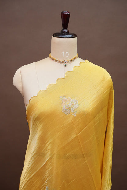 Golden Yellow Glass Tissue Organza Designer Party Wear Saree