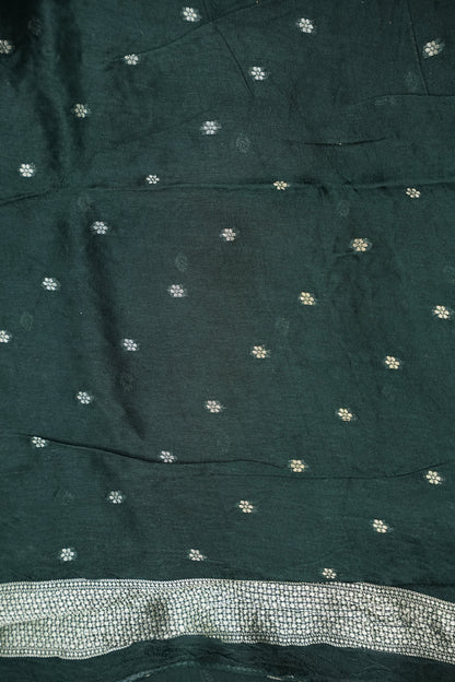 Tussar Banarasi Raw Silk Saree with Floral Zari Butta Weaving – Bottle Green