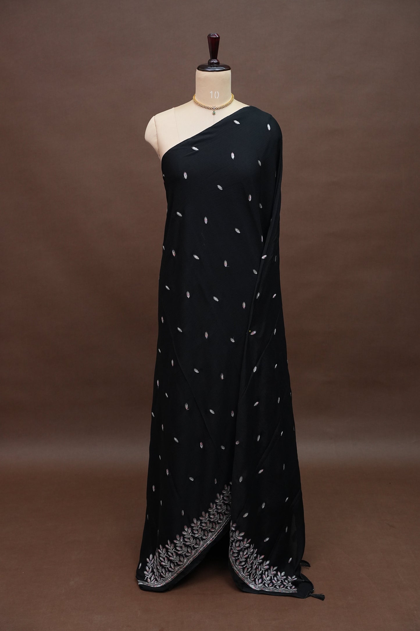 Classic Black Turkey Chiffon Saree with Delicate Leaf Embroidery