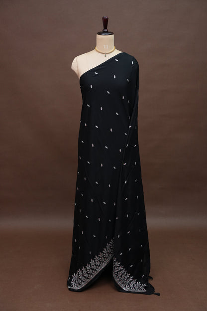 Classic Black Turkey Chiffon Saree with Delicate Leaf Embroidery