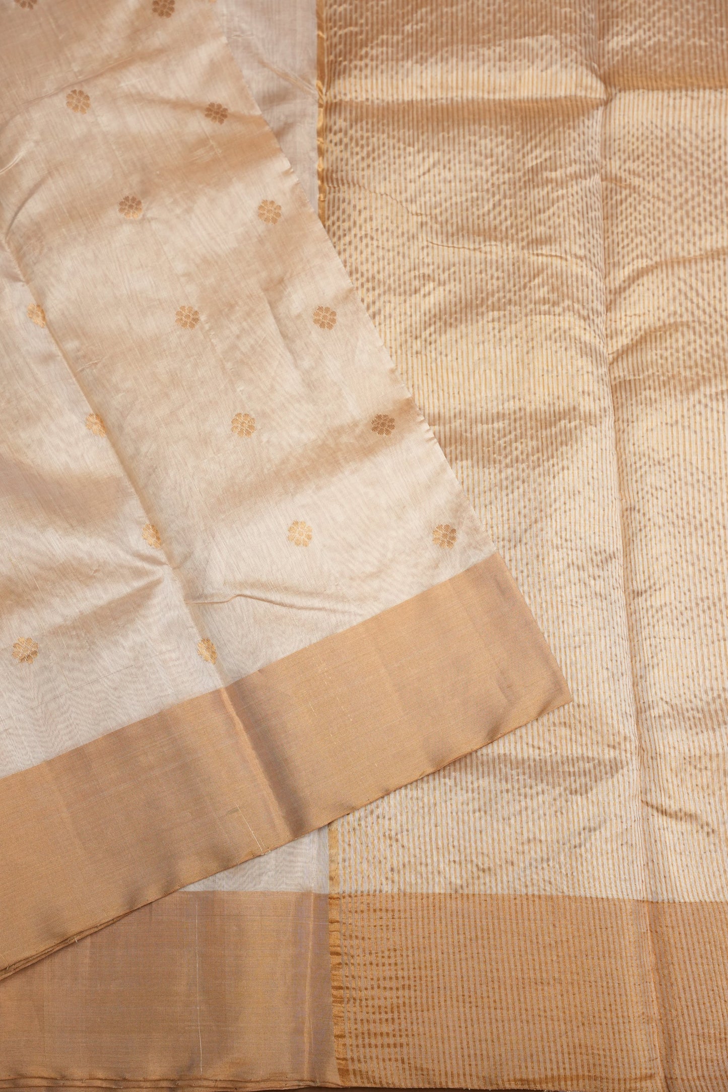Pure Chanderi Silk Saree with Zari Buttas & Tissue Border - White & Gold