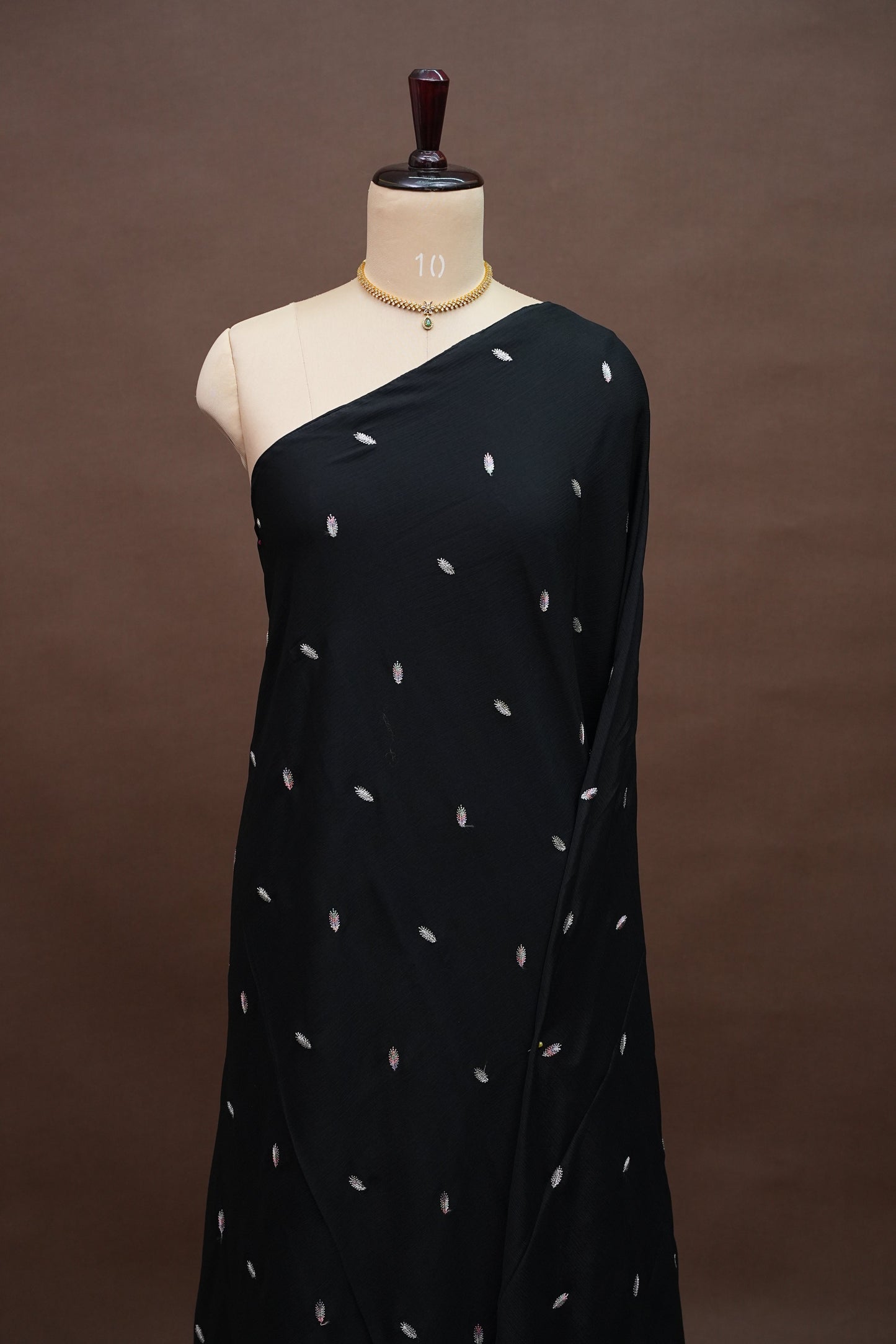 Black Turkey Chiffon Saree with Silver Woven Buttas & Embroidered Border