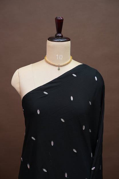 Black Turkey Chiffon Saree with Silver Woven Buttas & Embroidered Border