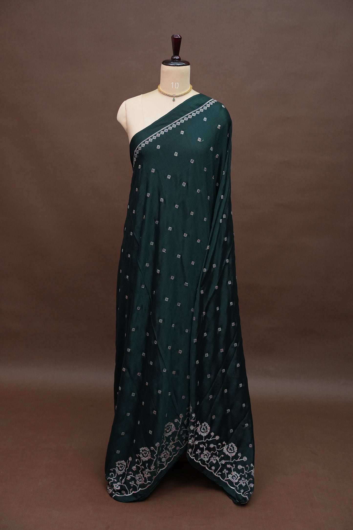 Dark Bottle Green Turkey Chiffon Saree with Woven Floral Border