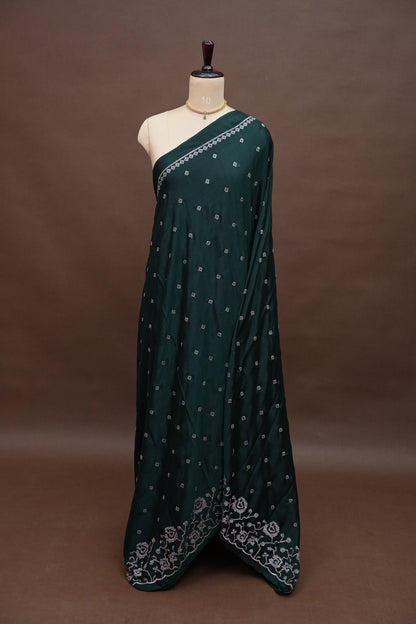 Dark Bottle Green Turkey Chiffon Saree with Woven Floral Border