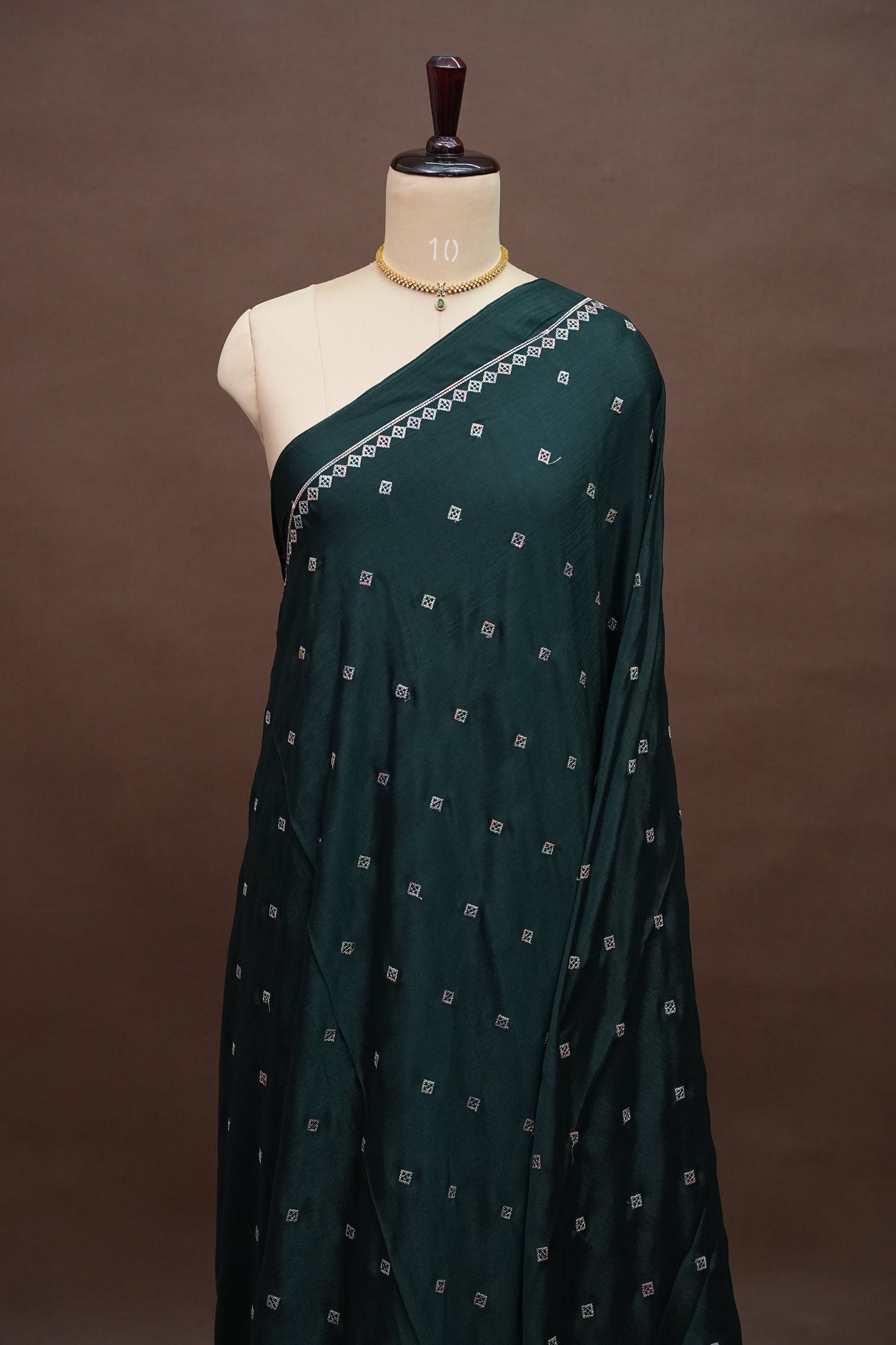 Dark Bottle Green Turkey Chiffon Saree with Woven Floral Border