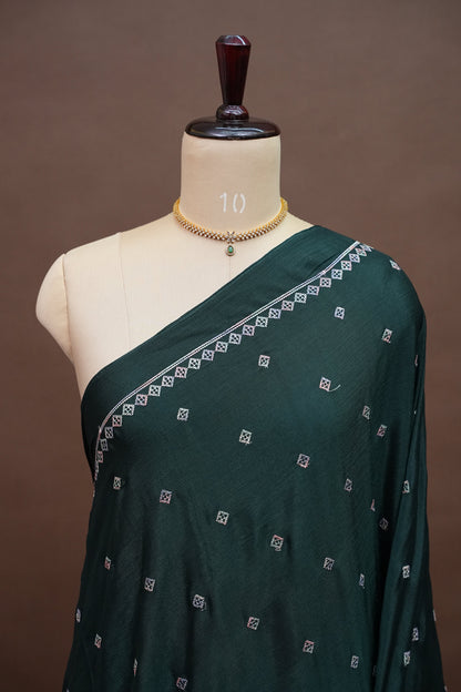 Dark Bottle Green Turkey Chiffon Saree with Woven Floral Border