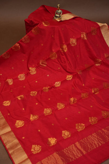 Pure Chanderi Silk Saree with Zari Buttas & Tissue Border - Red