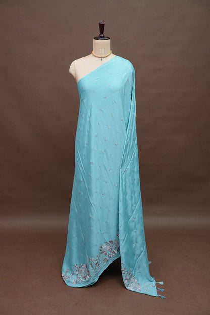 Sky Blue Turkey Chiffon Saree with Floral Embroidered Border