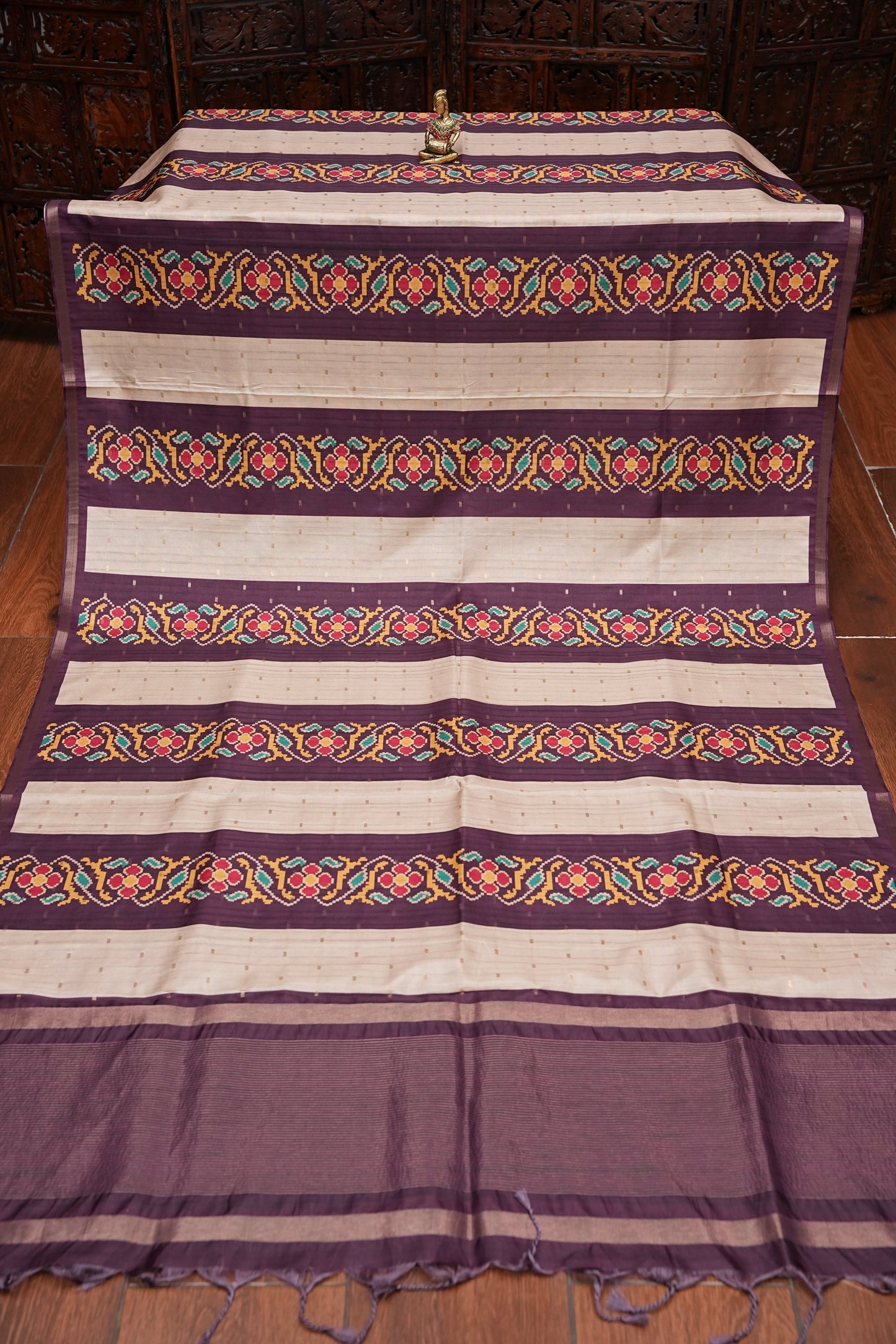 Semi Raw Silk Saree with Patola Prints & Striped Design – Deep Maroon