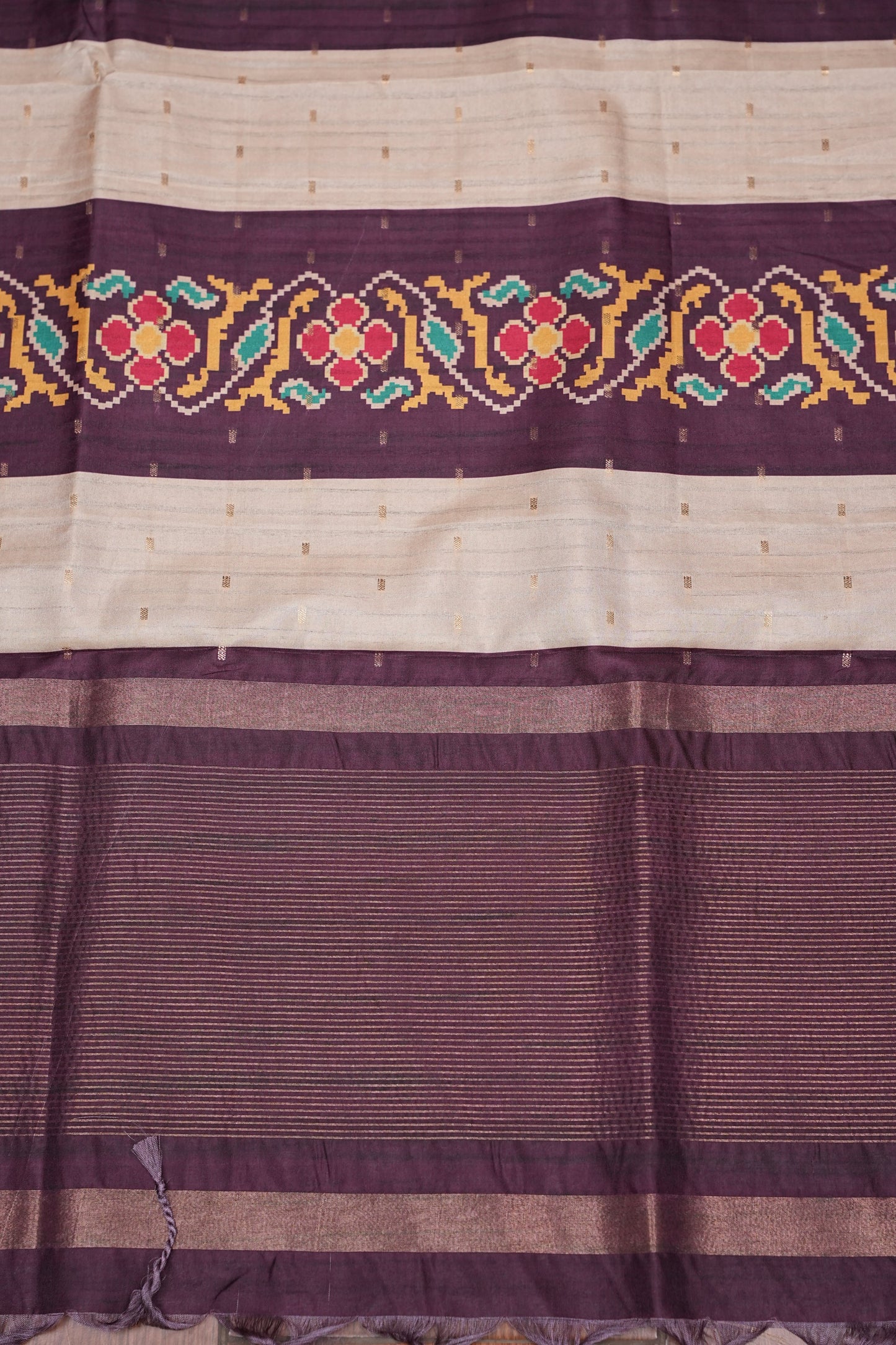 Semi Raw Silk Saree with Patola Prints & Striped Design – Deep Maroon