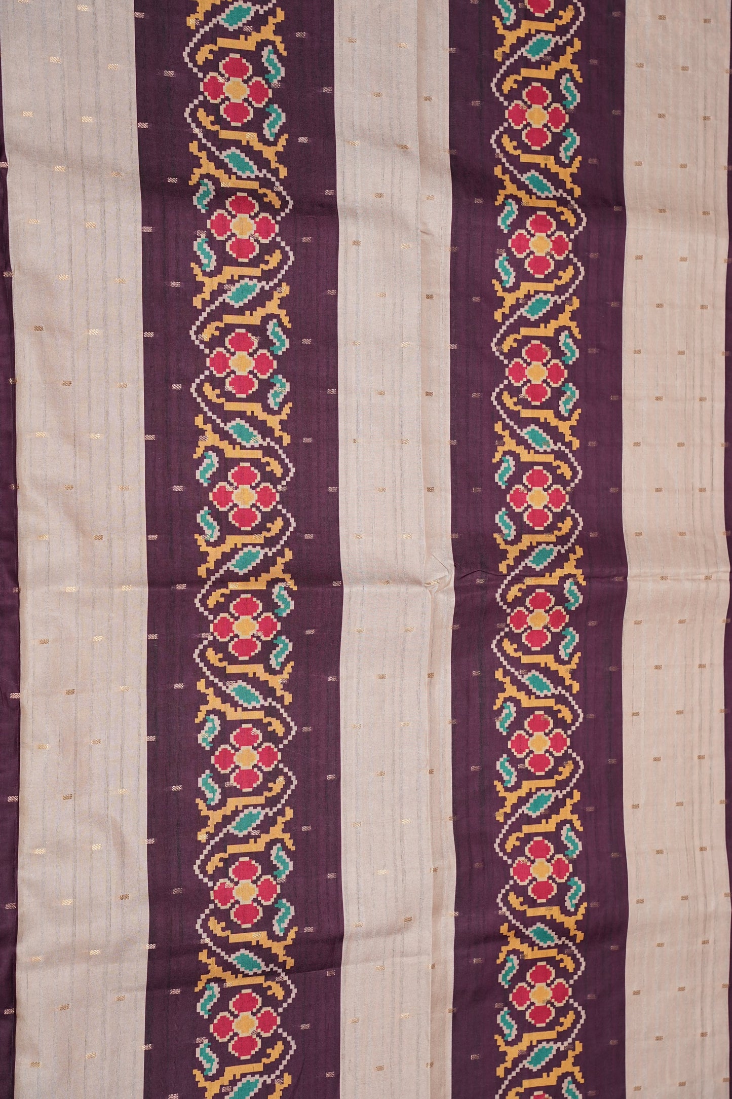 Semi Raw Silk Saree with Patola Prints & Striped Design – Deep Maroon