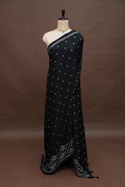 Black Turkey Chiffon Saree with Floral Embroidered Border