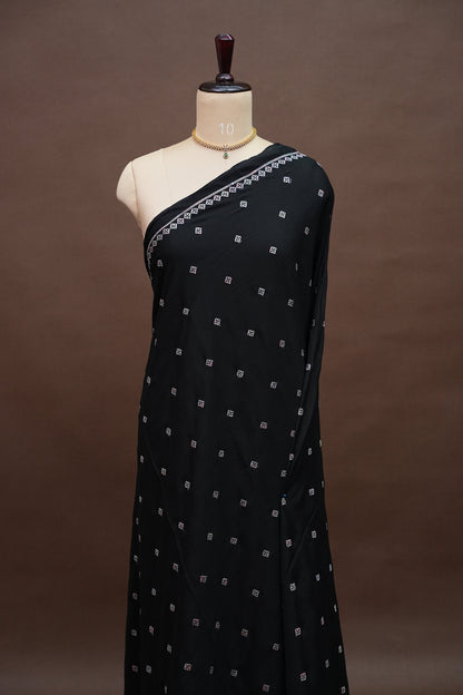 Black Turkey Chiffon Saree with Floral Embroidered Border