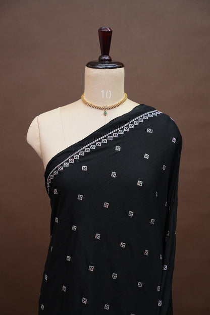 Black Turkey Chiffon Saree with Floral Embroidered Border
