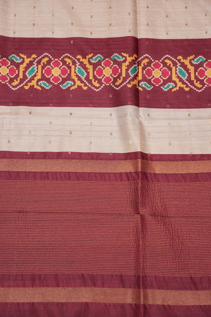 Semi Raw Silk Saree with Patola Prints & Striped Design – Maroon & Beige
