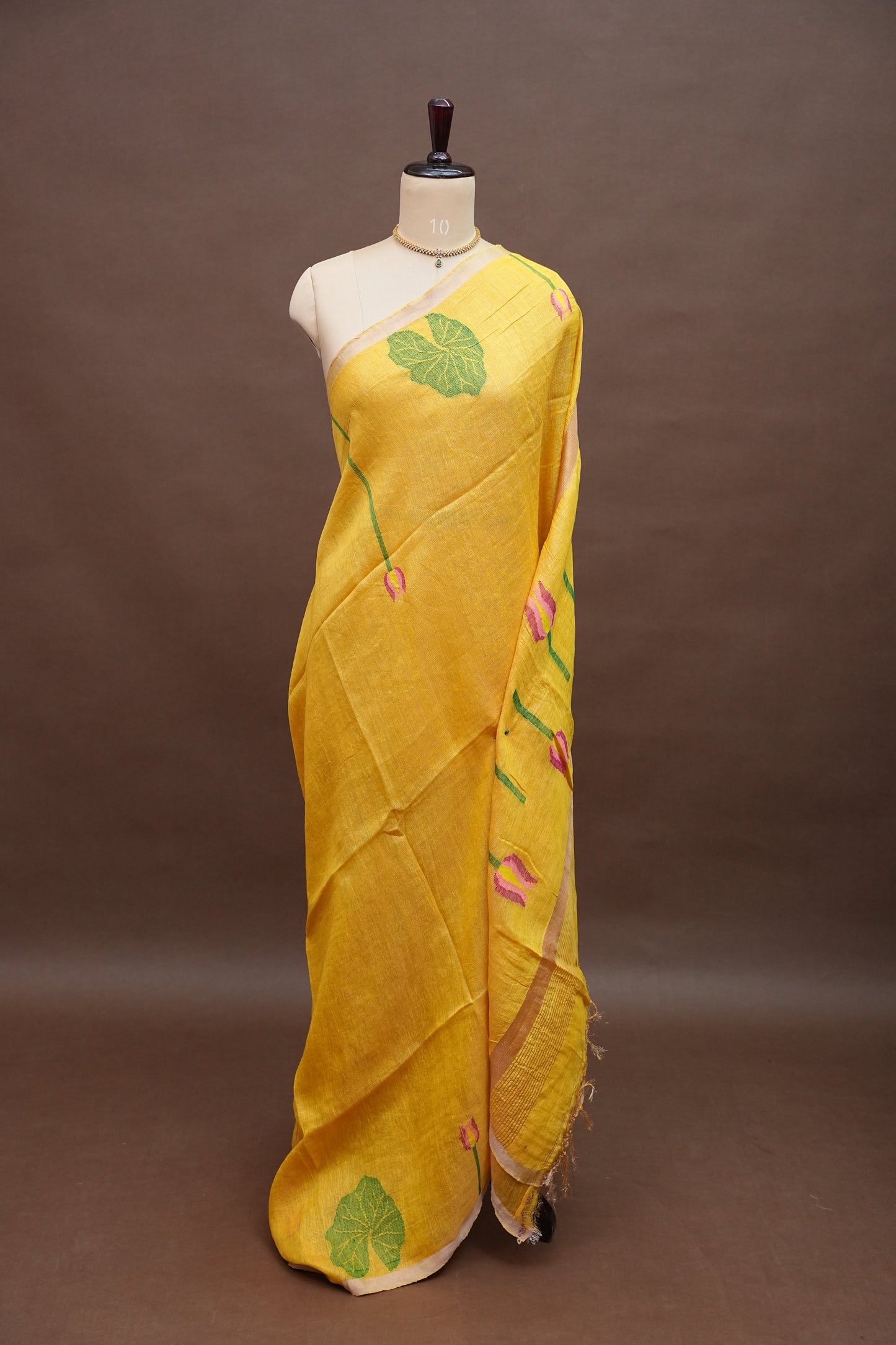 Pure Silk Linen Tissue Handwoven Jamdani Saree – Mustard Yellow with Lotus Motifs