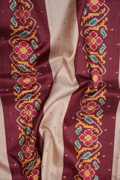 Semi Raw Silk Saree with Patola Prints & Striped Design – Maroon & Beige