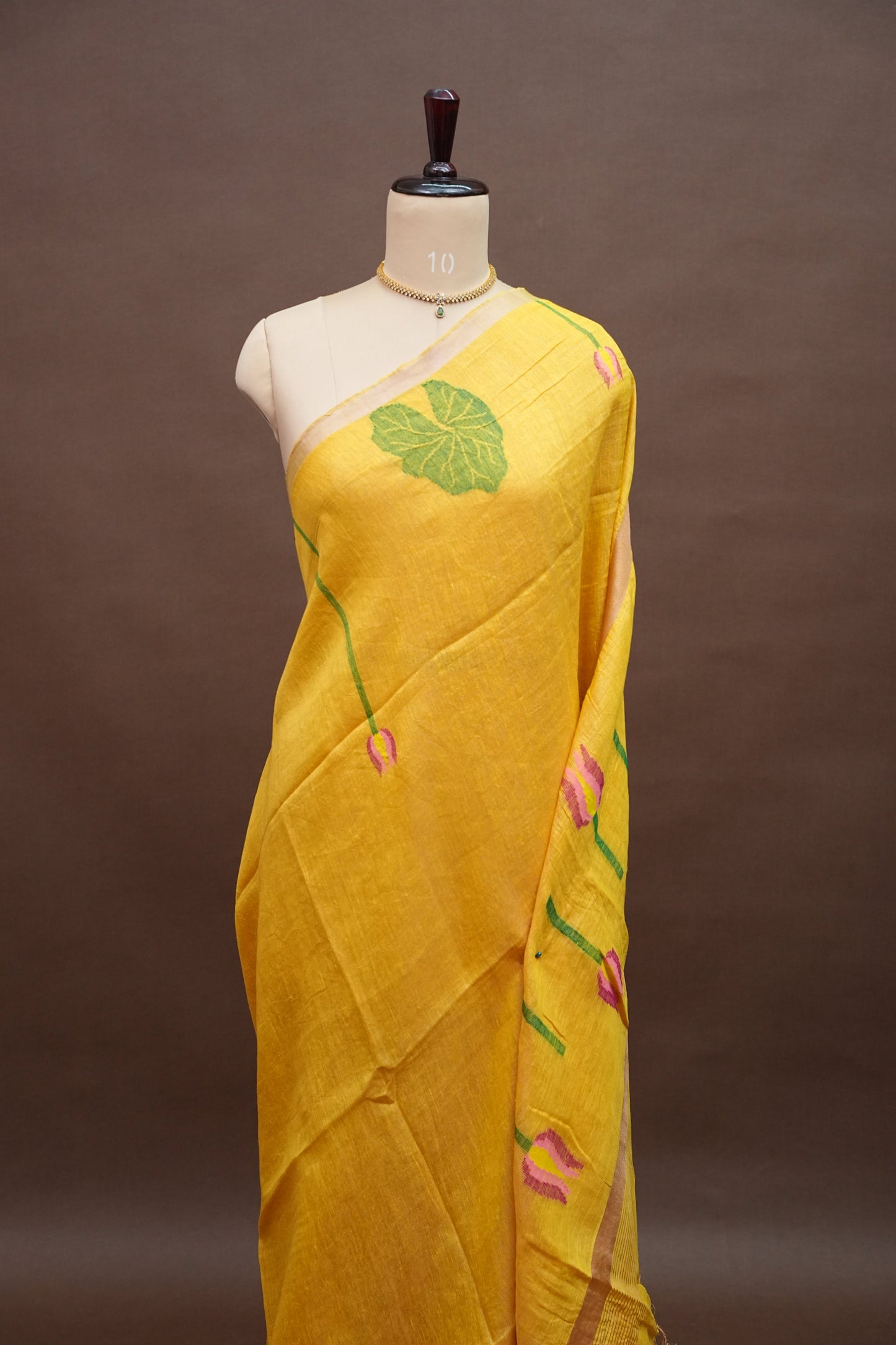 Pure Silk Linen Tissue Handwoven Jamdani Saree – Mustard Yellow with Lotus Motifs