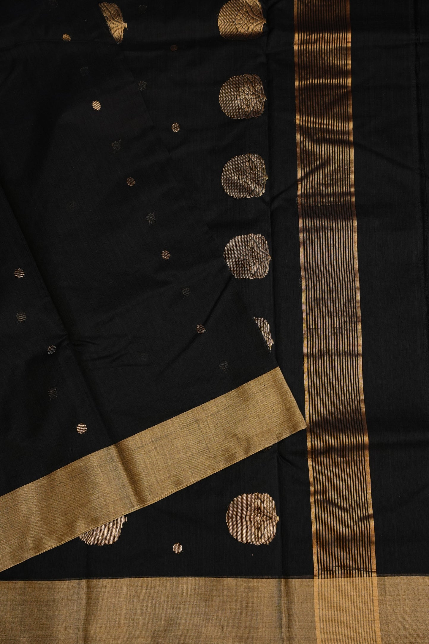 Pure Chanderi Silk Saree with Zari Buttas & Tissue Border - Black