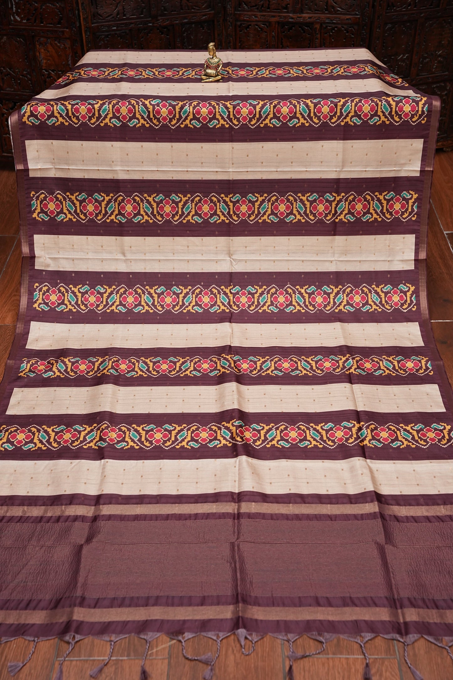 Semi Raw Silk Saree with Patola Prints & Striped Design – Wine & Beige