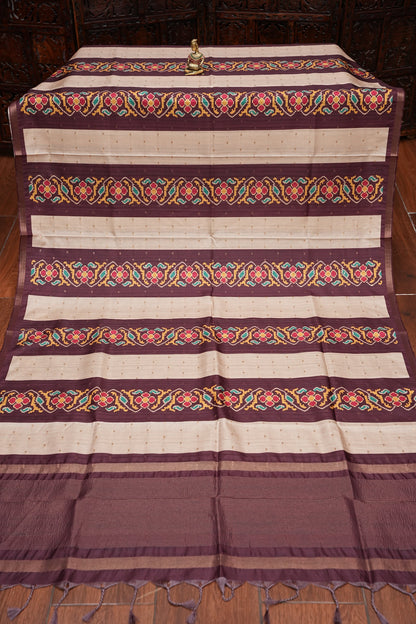 Semi Raw Silk Saree with Patola Prints & Striped Design – Wine & Beige