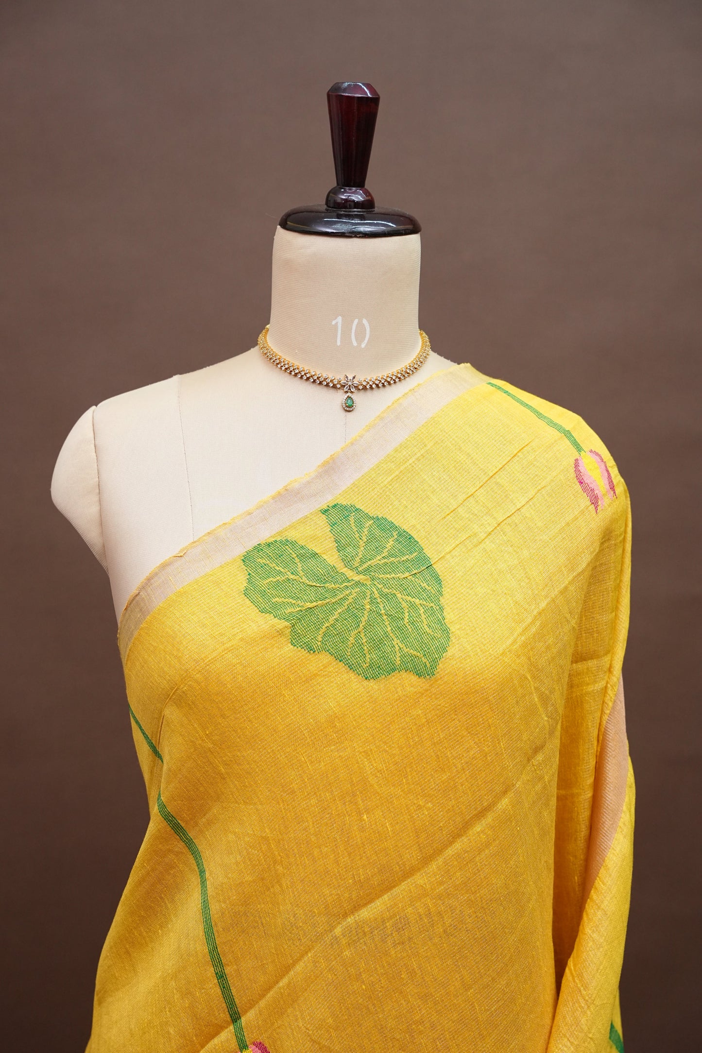 Pure Silk Linen Tissue Handwoven Jamdani Saree – Mustard Yellow with Lotus Motifs