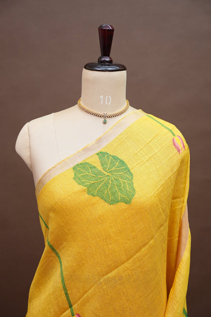 Pure Silk Linen Tissue Handwoven Jamdani Saree – Mustard Yellow with Lotus Motifs