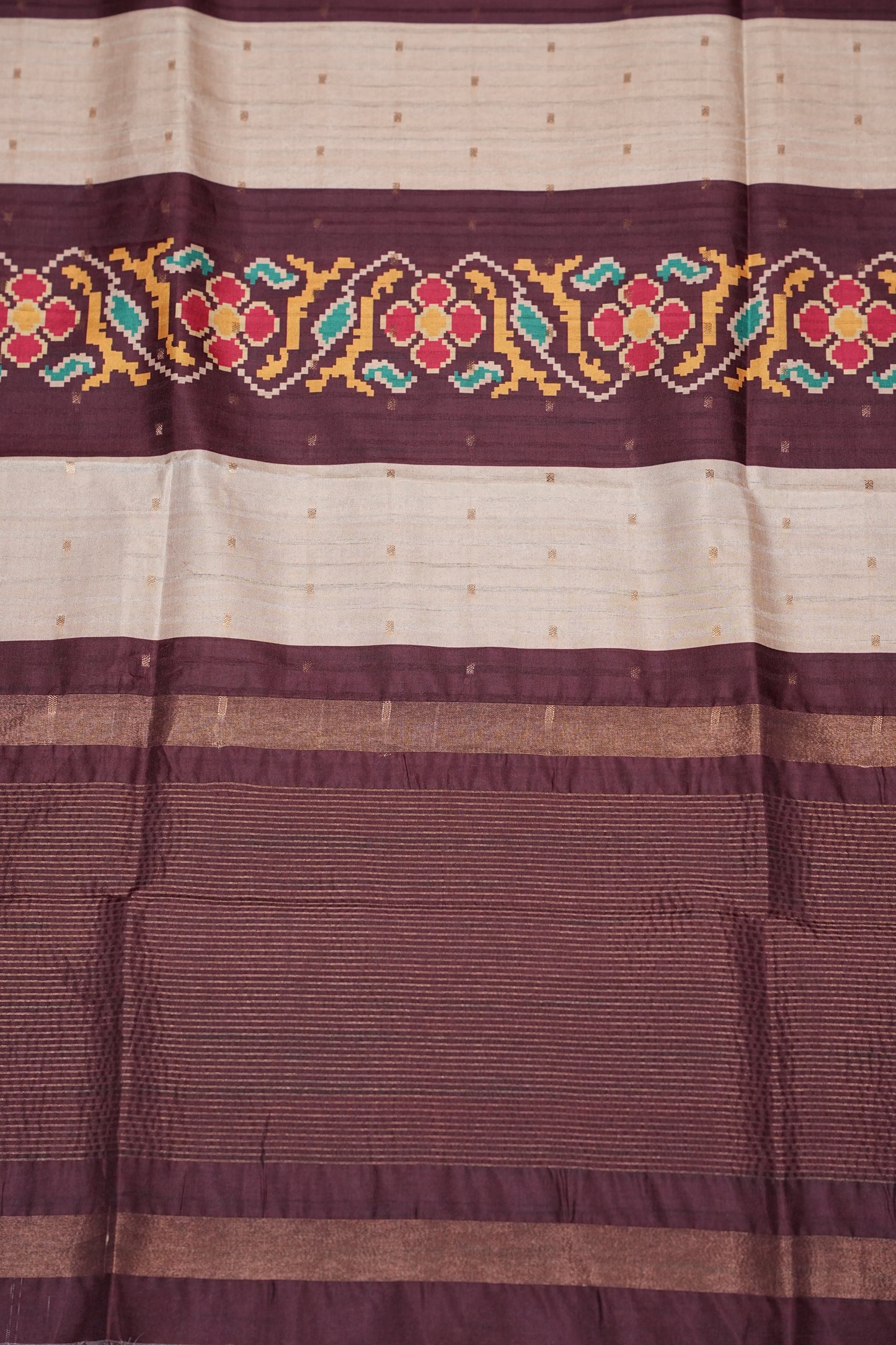 Semi Raw Silk Saree with Patola Prints & Striped Design – Wine & Beige