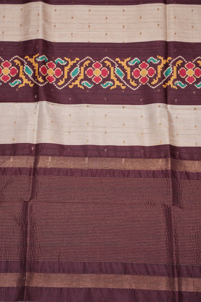 Semi Raw Silk Saree with Patola Prints & Striped Design – Wine & Beige