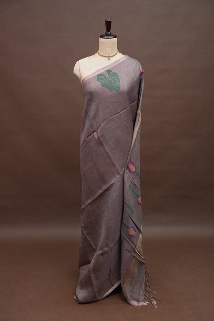 Pure Silk Linen Tissue Handwoven Jamdani Saree – sand dune with Lotus Motifs