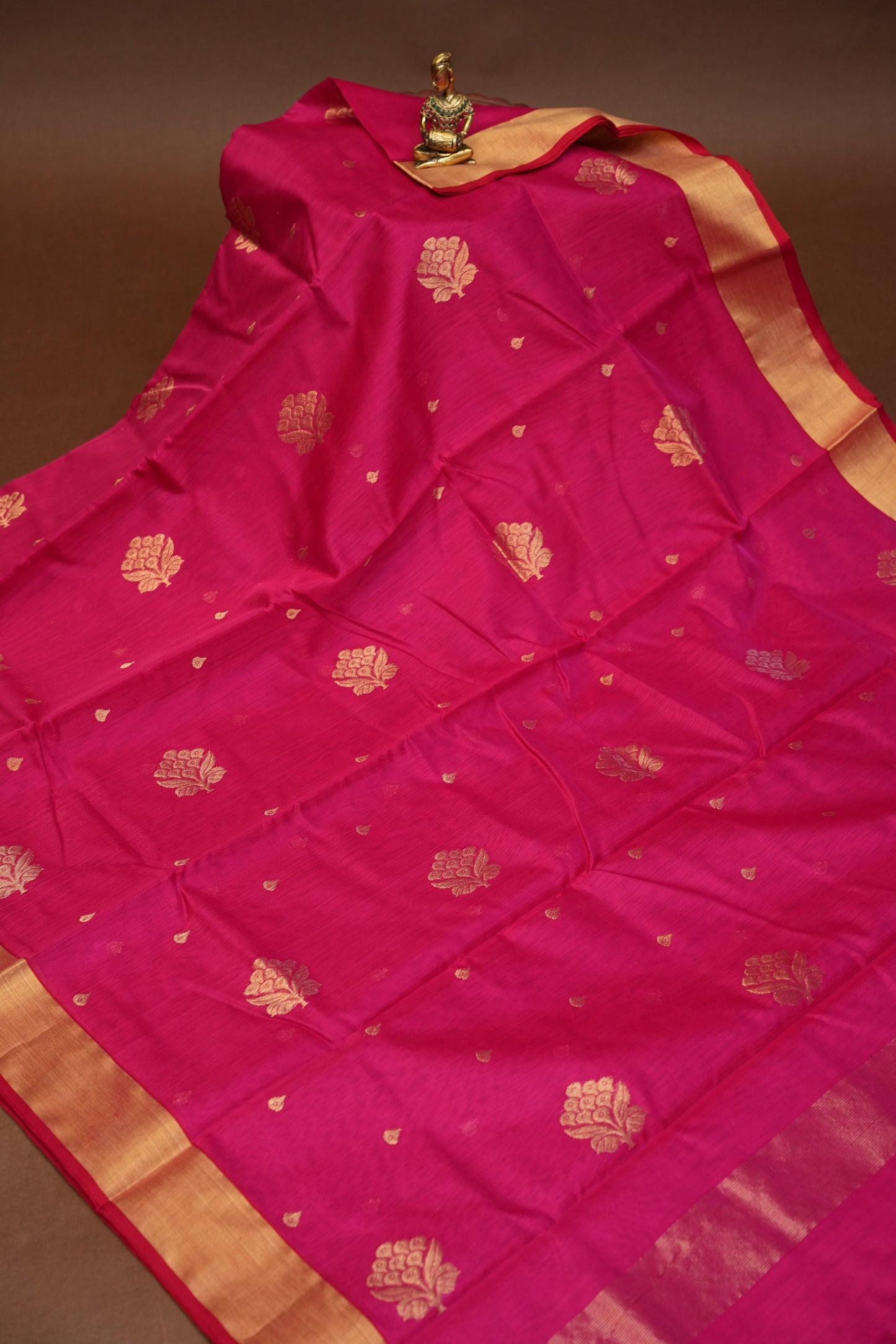 Pure Chanderi Silk Saree with Zari Buttas & Tissue Border - Bright Pink