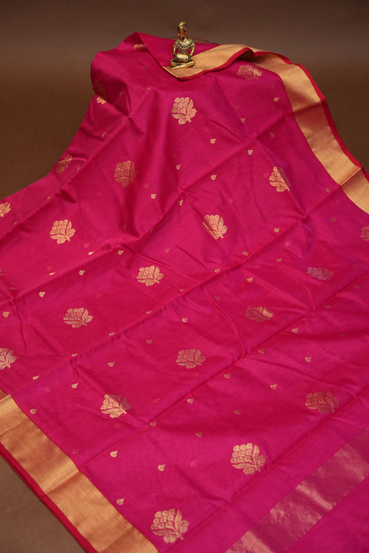 Pure Chanderi Silk Saree with Zari Buttas & Tissue Border - Bright Pink