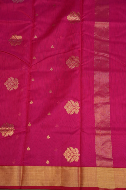 Pure Chanderi Silk Saree with Zari Buttas & Tissue Border - Bright Pink
