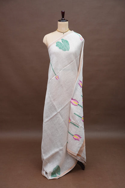 Pure Silk Linen Tissue Handwoven Jamdani Saree – Ivory White with Lotus Motifs
