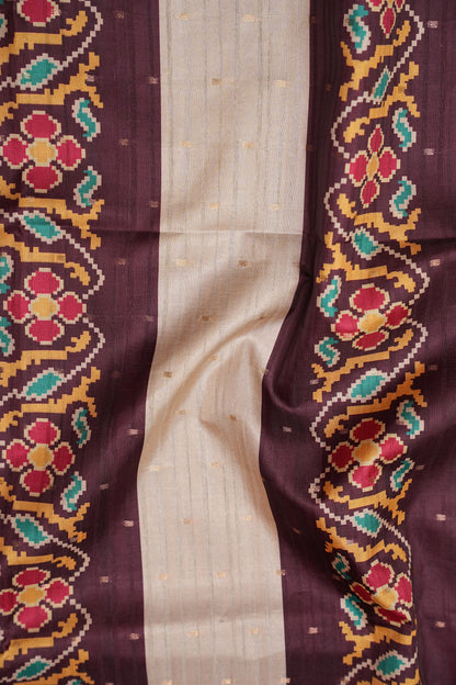 Semi Raw Silk Saree with Patola Prints & Striped Design – Wine & Beige